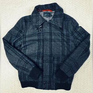 Jack & Jones Plaid Wool Blend Bomber Jacket with Distressed Collar Buckle XS